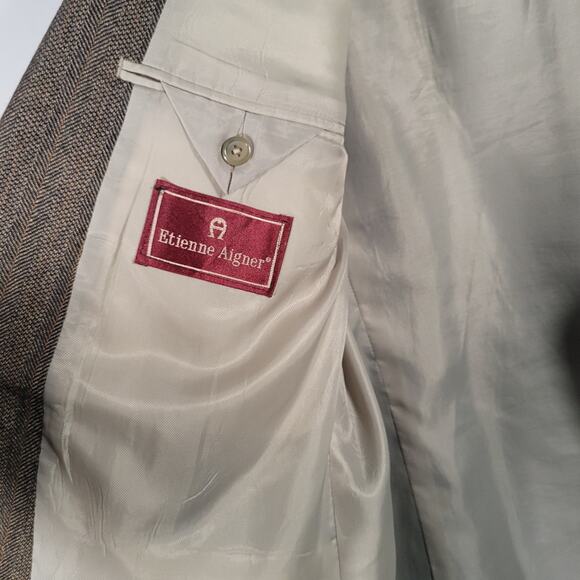 Etienne Aigner Blazer 44L Brown Herringbone Lambswool Sport Coat India Vtg - Picture 3 of 15